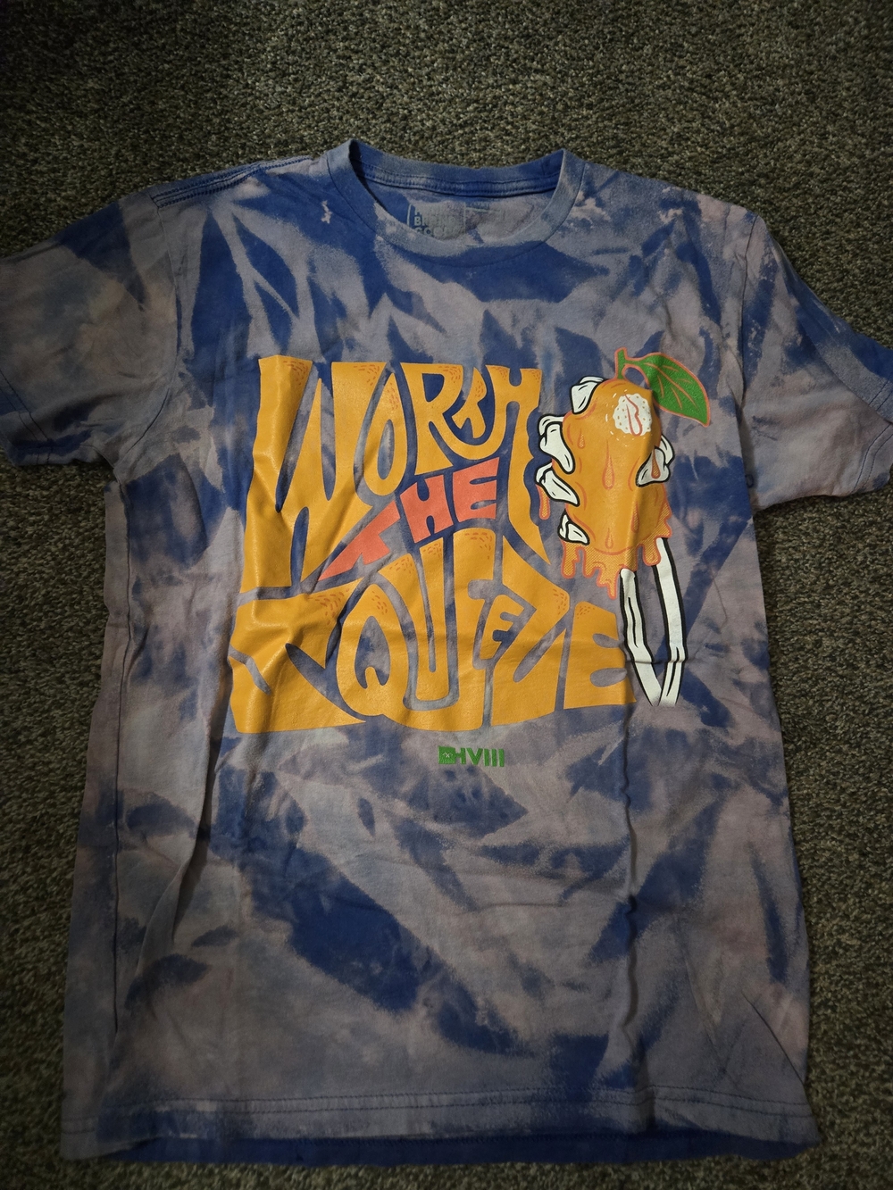 Tie-Dye Blue Short Sleeve Tee with Bold Orange Graphic